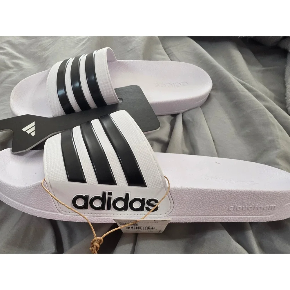 Adidas Adilette Shower Slides Mens 12 White Black GZ5921 Cloudfoam Sandals